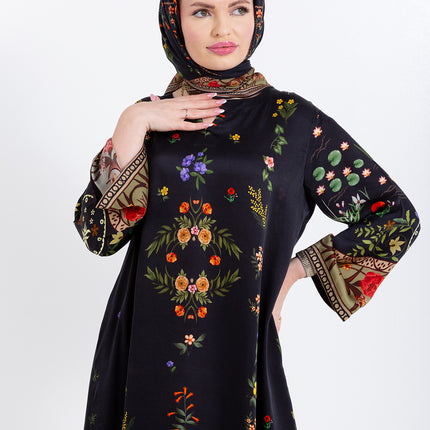 Meher Black Garden Cupro Satin Kaftan Set with Matching Scarf