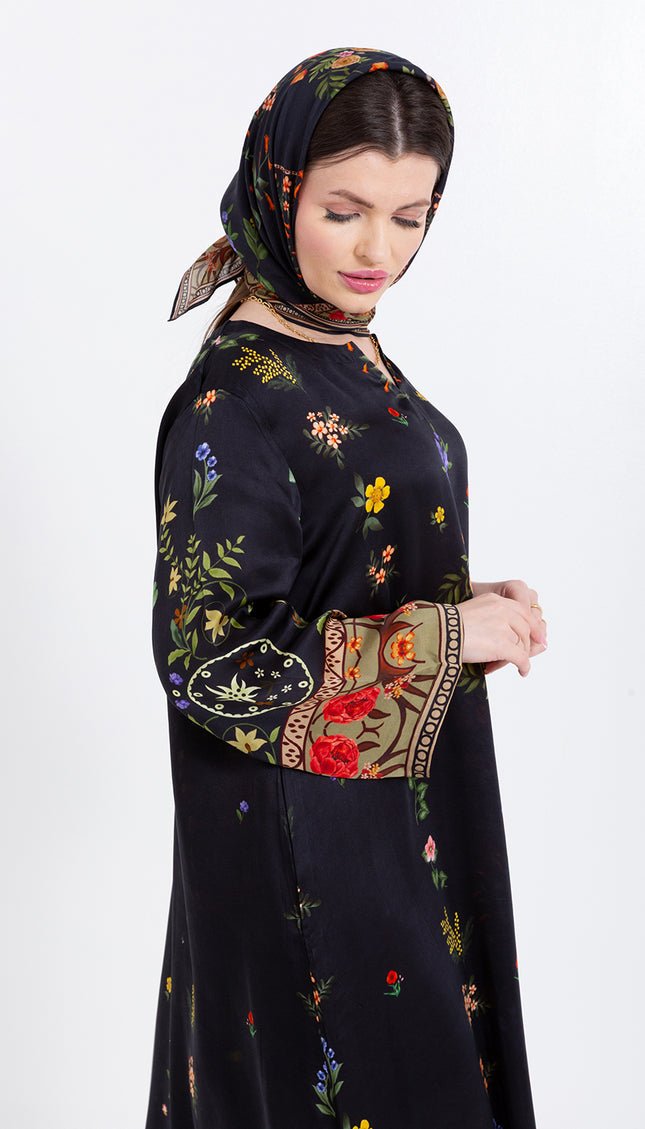 Meher Black Garden Cupro Satin Kaftan Set with Matching Scarf