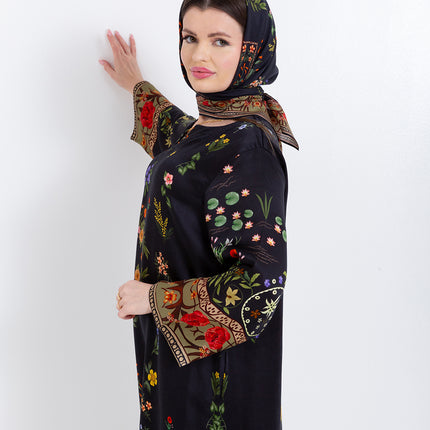 Meher Black Garden Cupro Satin Kaftan Set with Matching Scarf