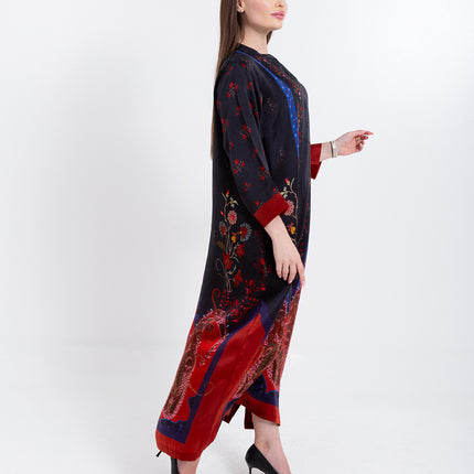 Riyana Midnight Black Cupro Satin Kaftan Set with Matching Scarf