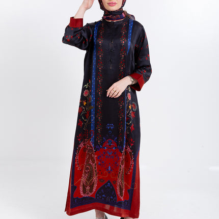 Riyana Midnight Black Cupro Satin Kaftan Set with Matching Scarf