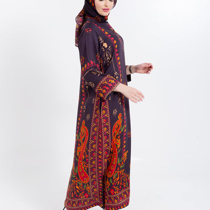 Zivara Wine Plum Cupro Satin Kaftan Set with Matching Scarf