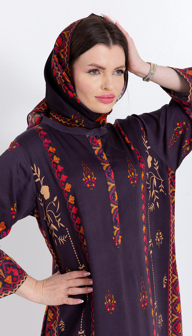Zivara Wine Plum Cupro Satin Kaftan Set with Matching Scarf